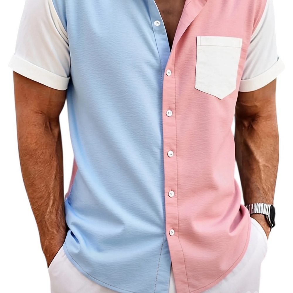 Men's Blue and Pink Colorblock Shirt perfect for a Gender Baby Reveal